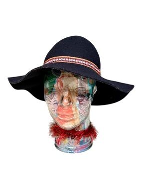 World Market Black Boho Wool Floppy Hat with Multicolor Woven Band Medium